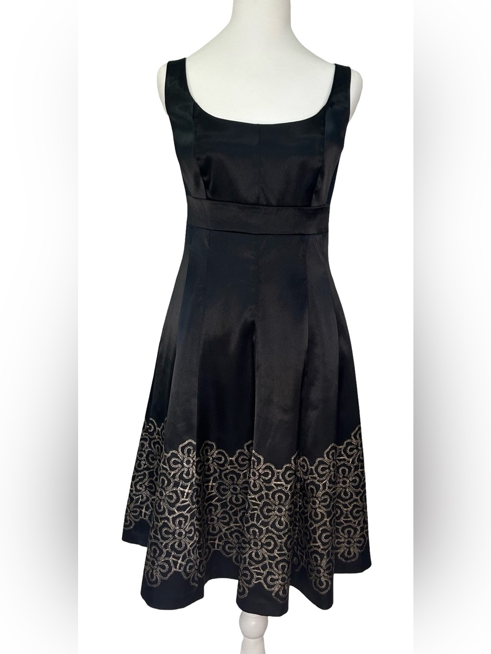 Nine West Black Satin Embroidered Midi Dress Fit Flare Cocktail Party 6 8 Event - Picture 2 of 11
